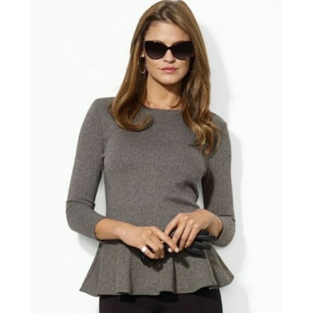 Lauren Ralph Lauren Herringbone‎ Peplum Top Small Gray Keyhole Back Long Sleeve